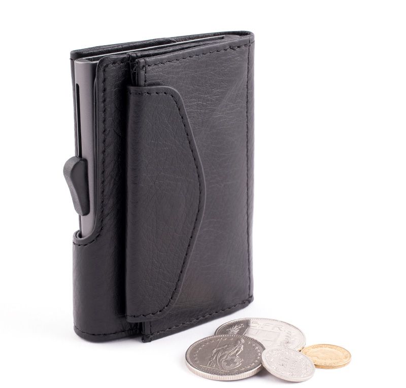 Porte-monnaie et cartes RFID en cuir Black Nero / Boîtier Gris 