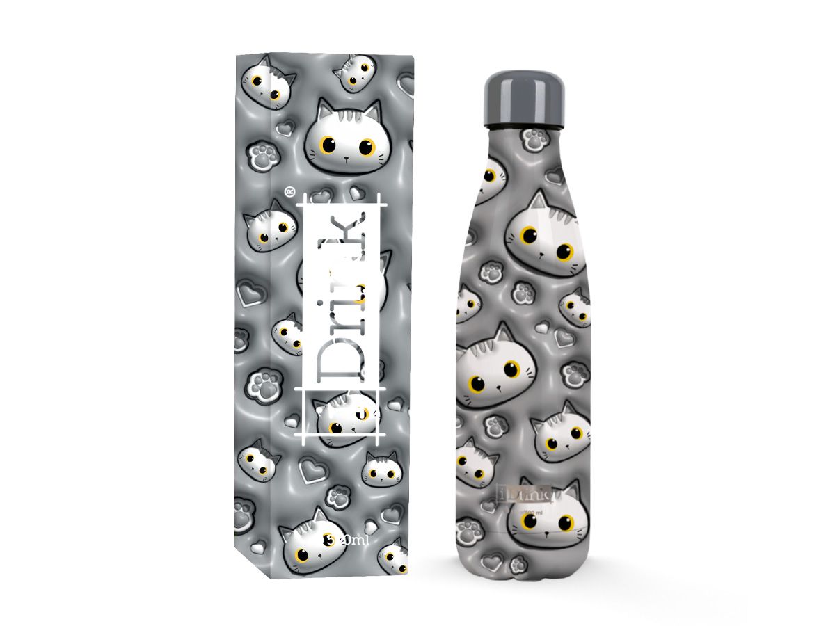 Bouteille 3D 500ml Chat blanc &amp; gris