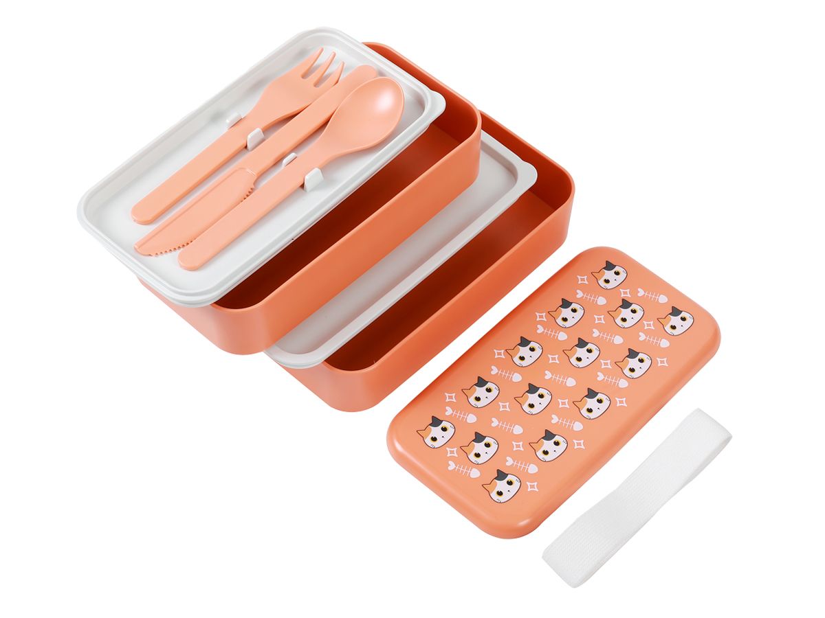 Lunch Box, Set 2 Box & couverts Chats Blanc & orange 650 ml