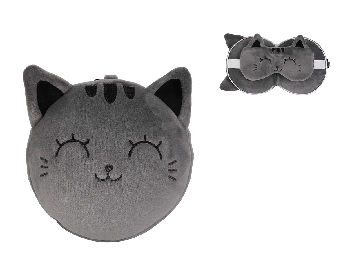 Oreiller de voyage &amp; Masque de nuit Chat Gris