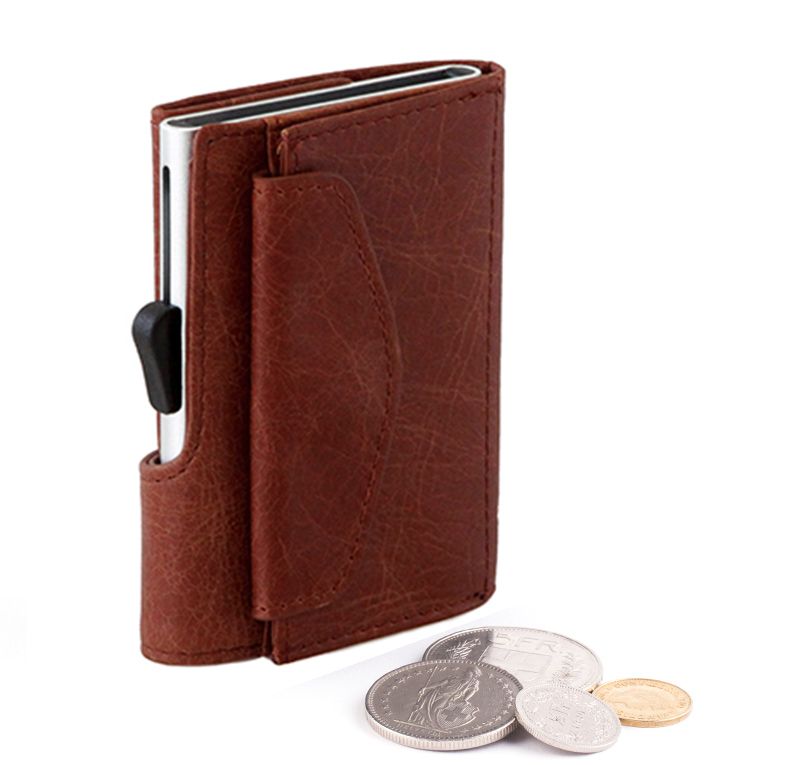Porte-monnaie et cartes RFID en cuir Vintage Cognac / Boîtier Argent 