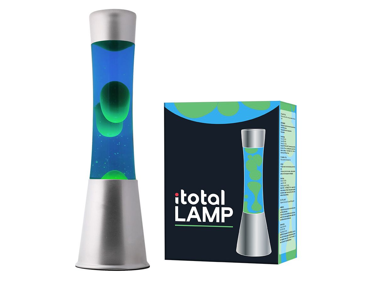 Lampe lave 40 cm Base argentée, liquide bleu/cire verte
