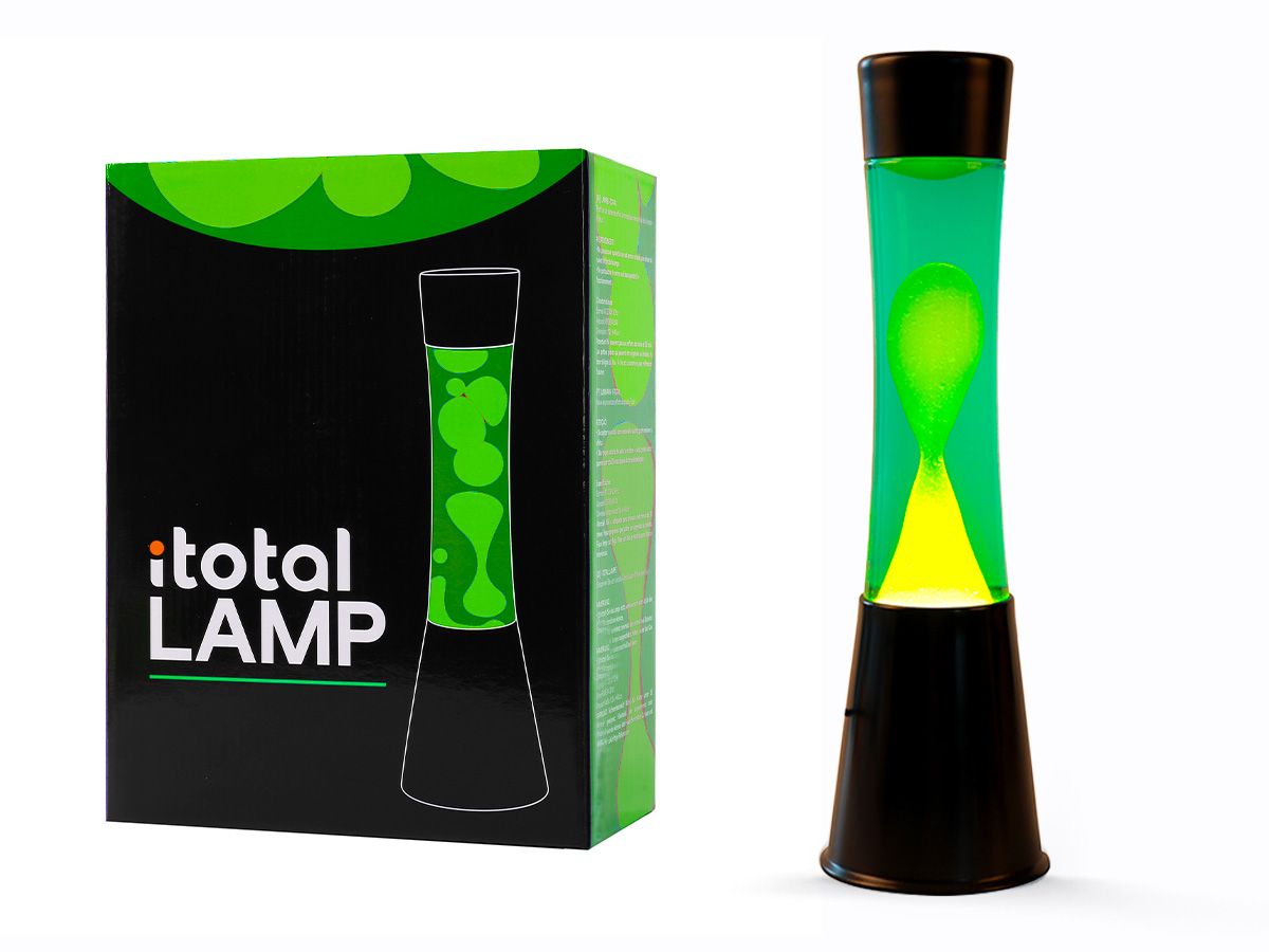 Lampe lave 40 cm Base noire, liquide vert, cire jaune
