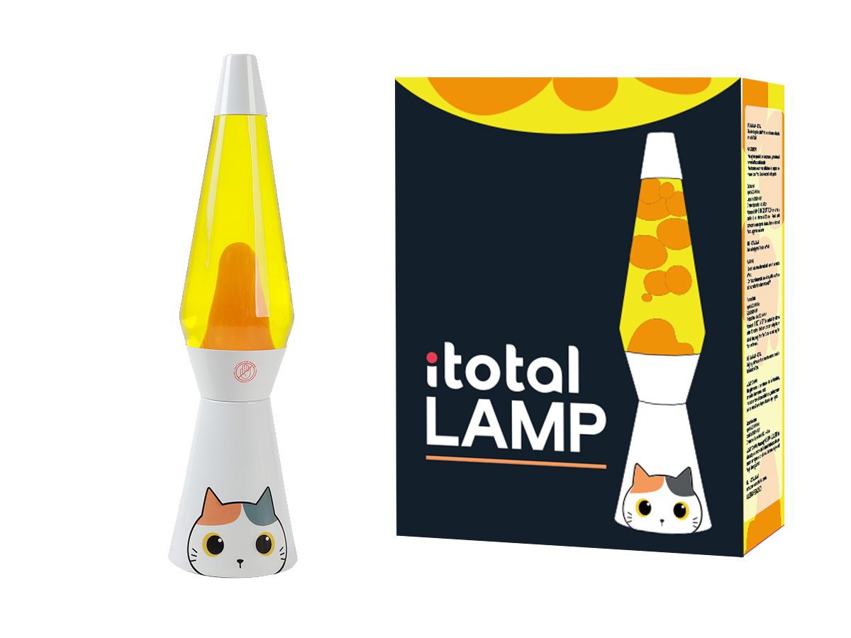 Lampe lave base blanche liquide jaune chat blanc &amp; orange