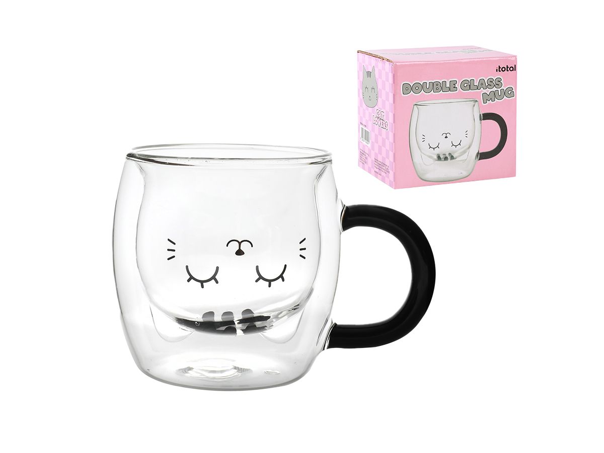 Tasse en verre tranparant double paroi Chat Gris