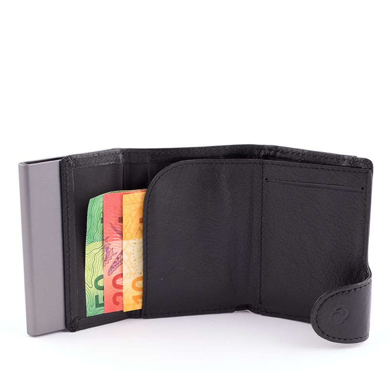 Porte-monnaie et cartes RFID en cuir Black Nero / Boîtier Gris 