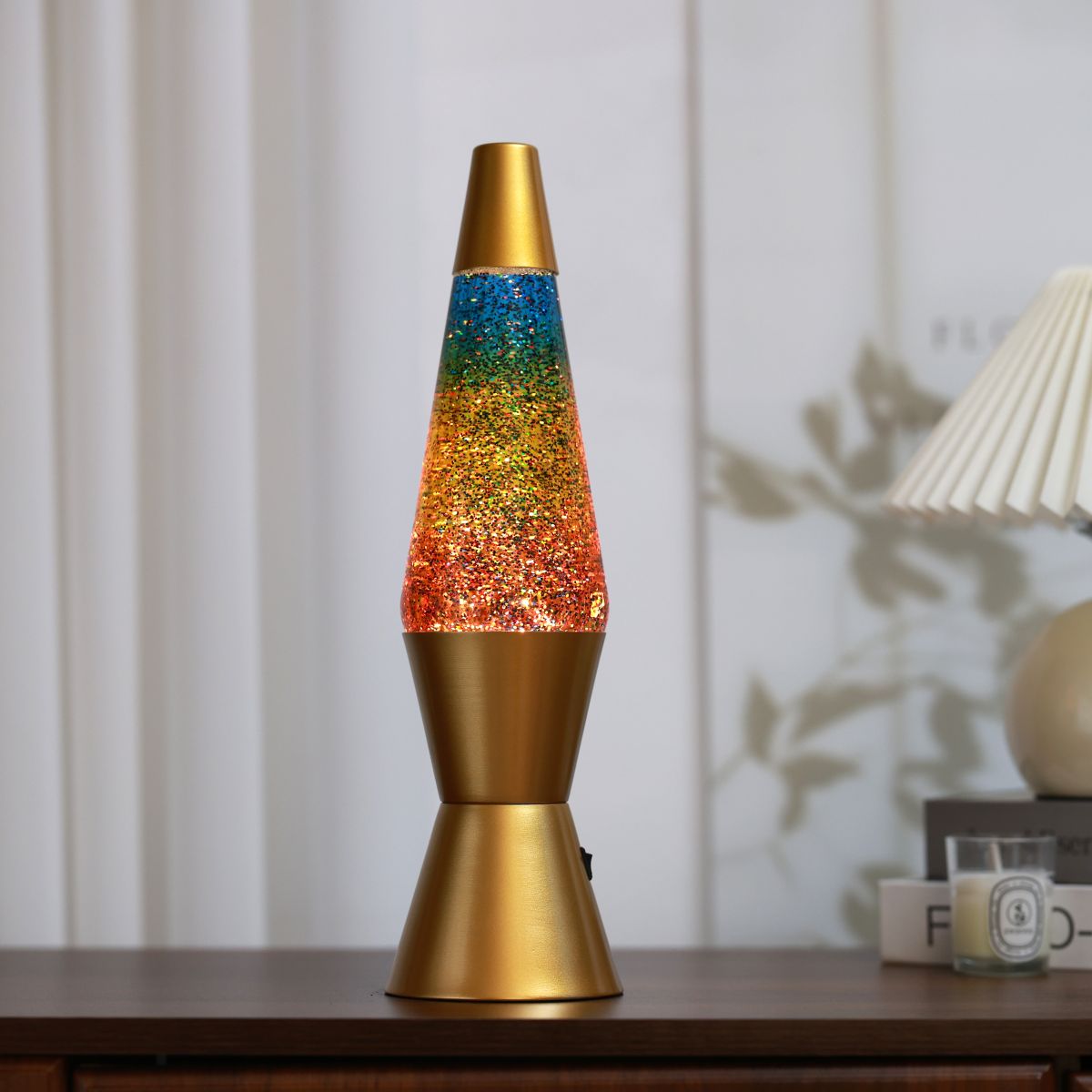 Lampe Lave Led base gold - Glitter Multicolor 
