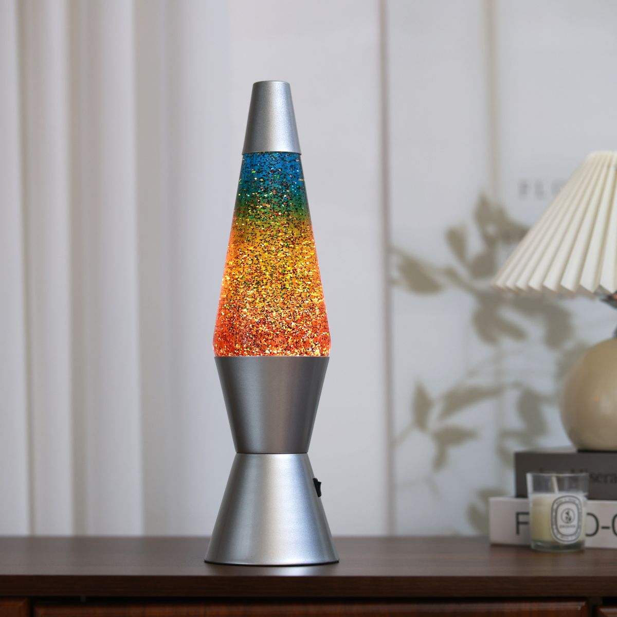 Lampe Lave Led base argent - Glitter Multicolor 
