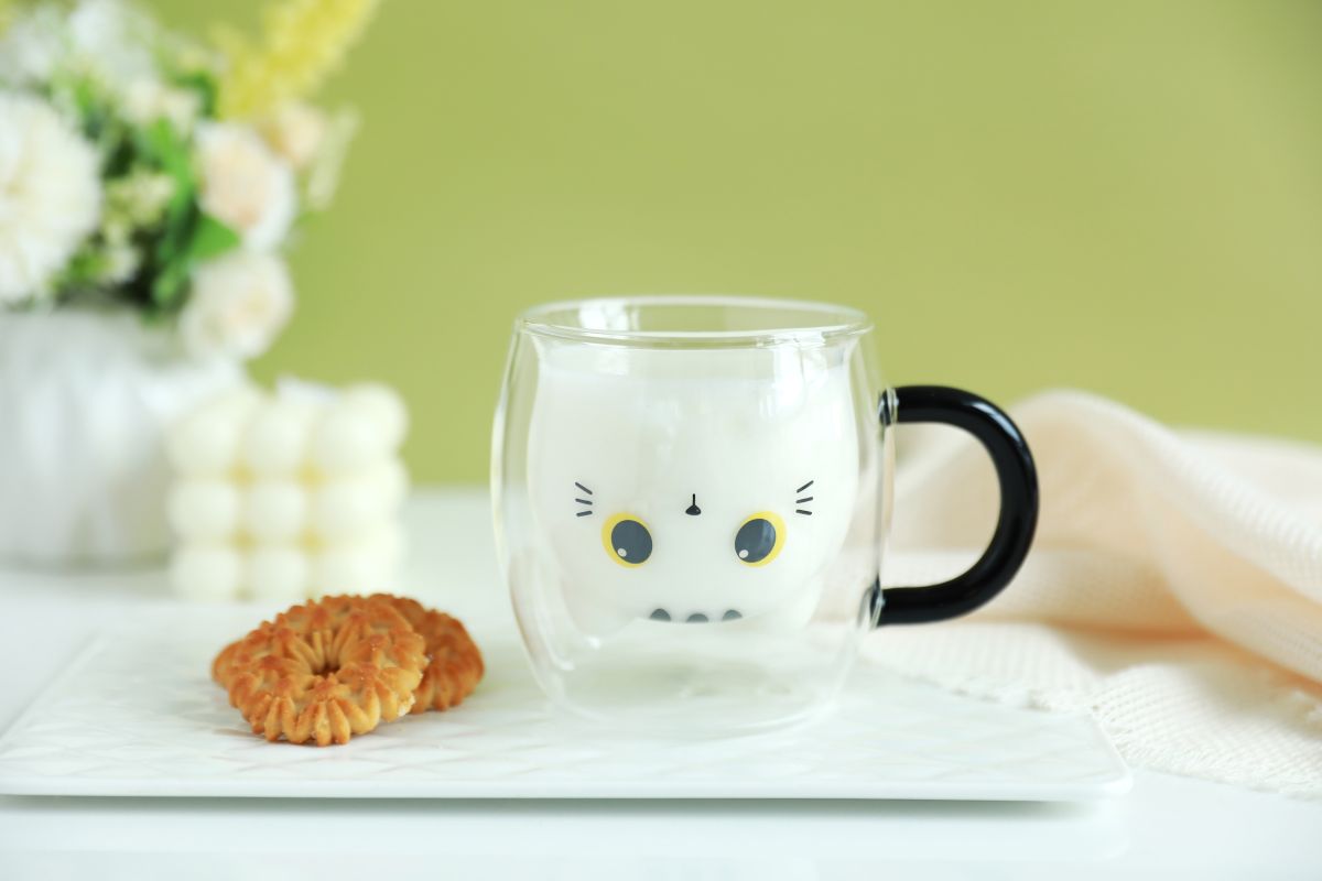 Tasse en verre tranparant double paroi Chat blanc