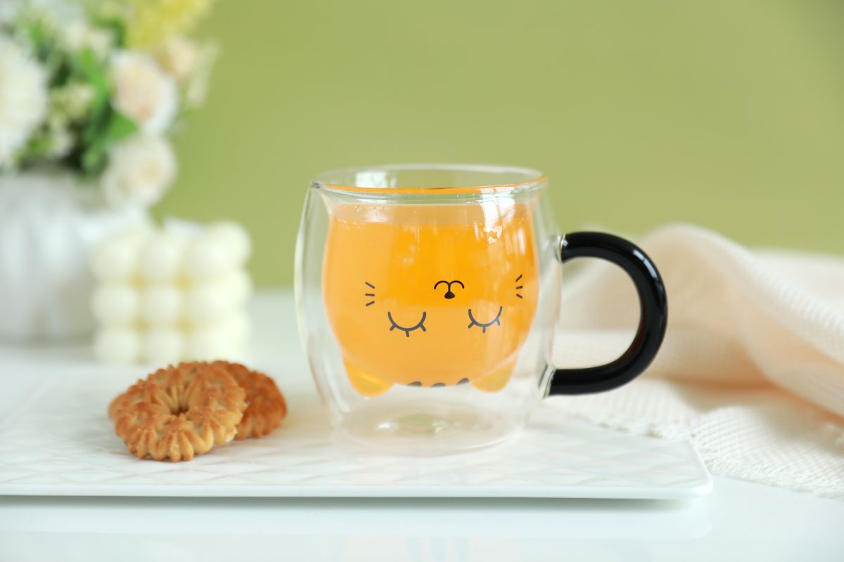 Tasse en verre tranparant double paroi Chat Gris