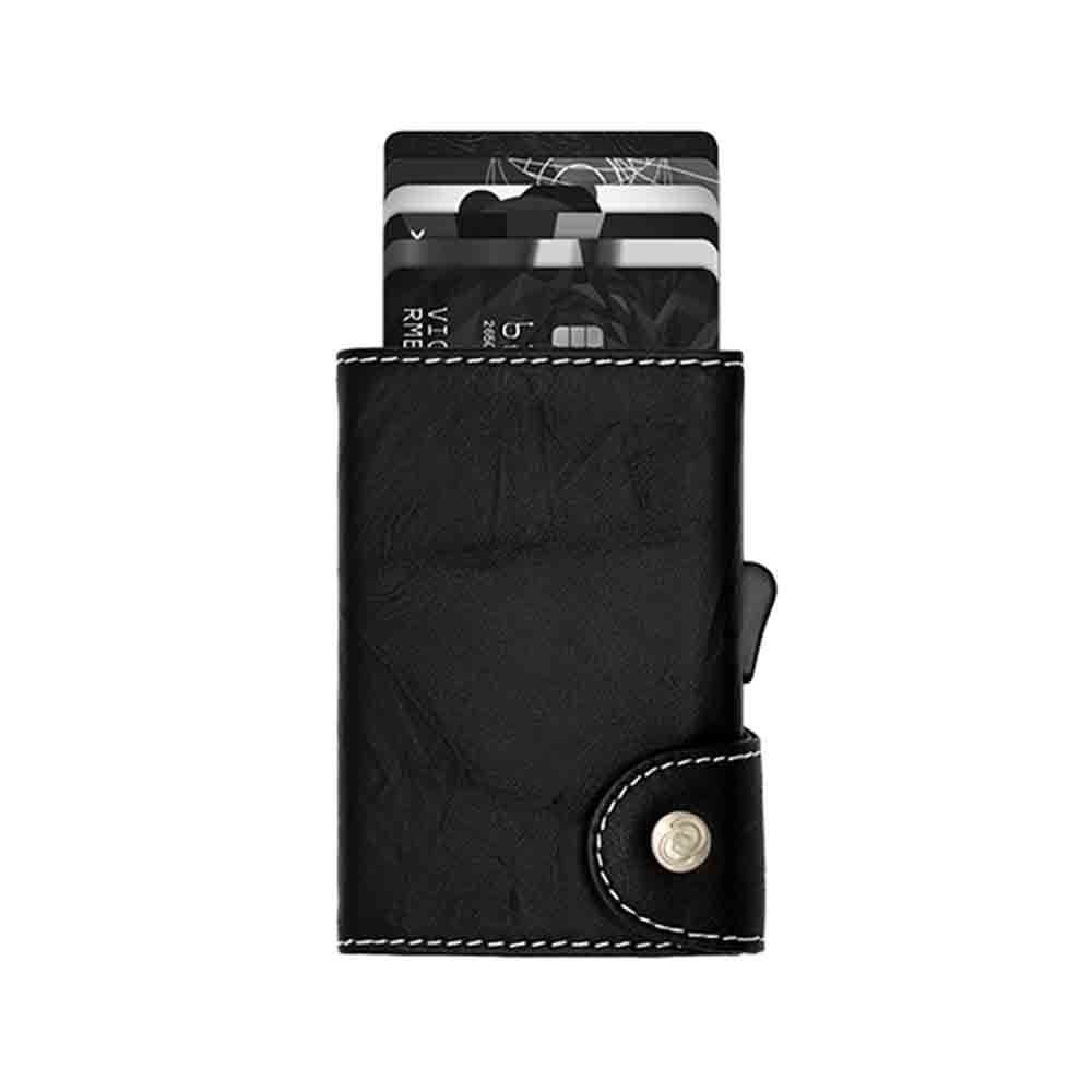 Porte-Cartes RFID Cuir Embossé Black Néro - Couture blanche / Boîtier Gris  