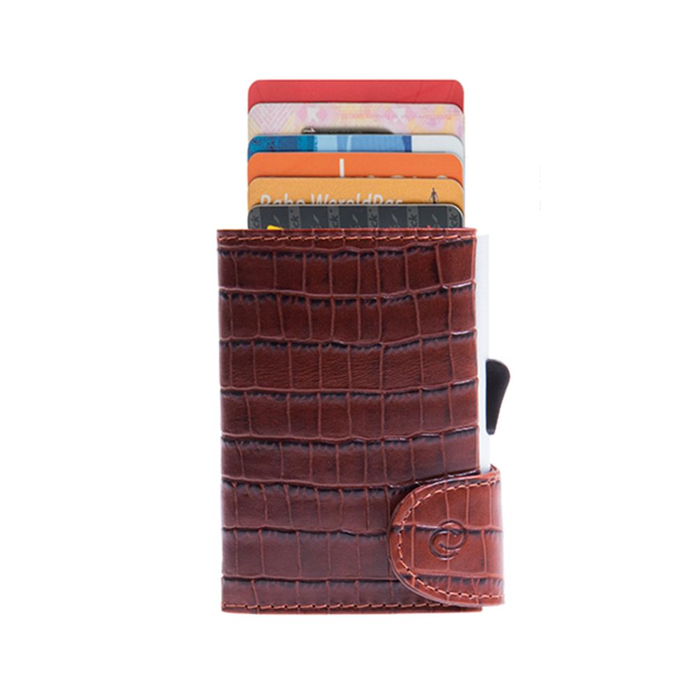 Porte-Cartes RFID Cuir Croco Brun / Boîtier Argent 