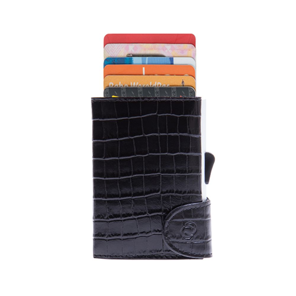 Porte-Cartes RFID Cuir Croco Noir / Boîtier Argent 