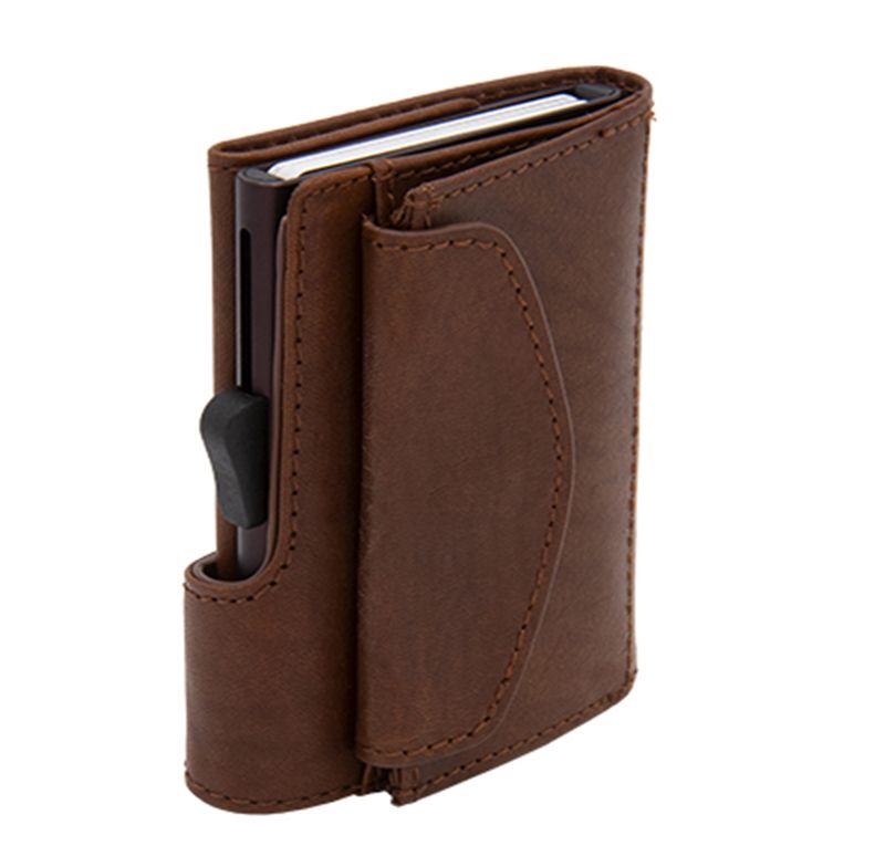 Porte-monnaie et cartes RFID cuir végétal Gun / Brun Foncé - Boîtier Brun 
