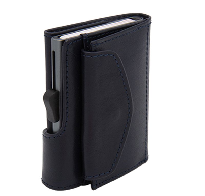Porte-monnaie et cartes RFID cuir végétal Montana / Bleu Marine - Boîtier Gris 