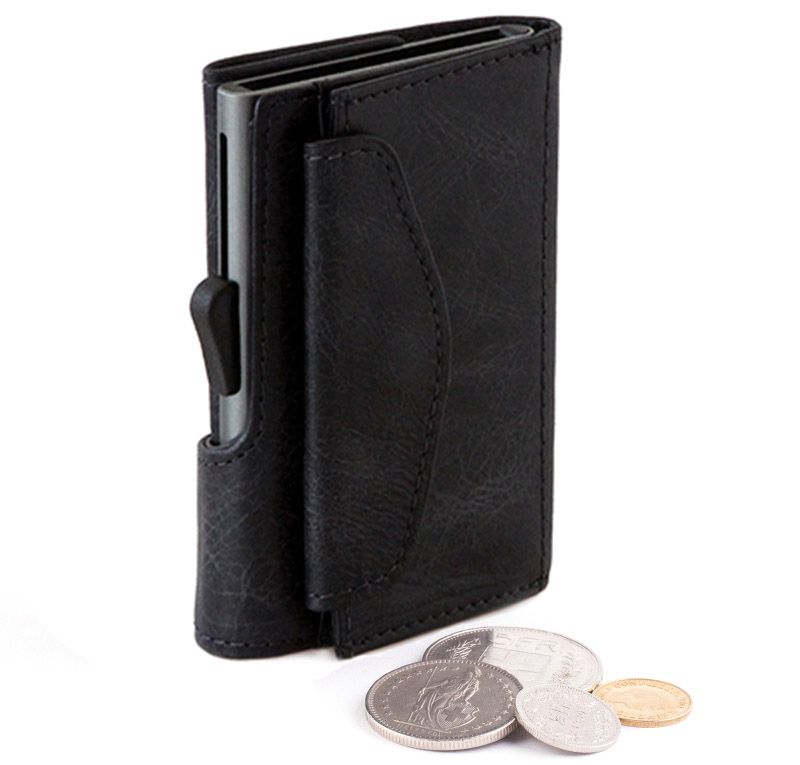 Porte-monnaie et cartes RFID en cuir Black Nero / Boîtier Gris 