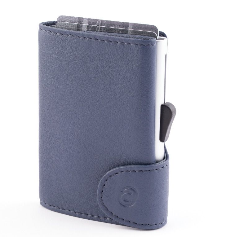 Porte-Cartes RFID Cuir Bleu Marine / Boîtier Argent 
