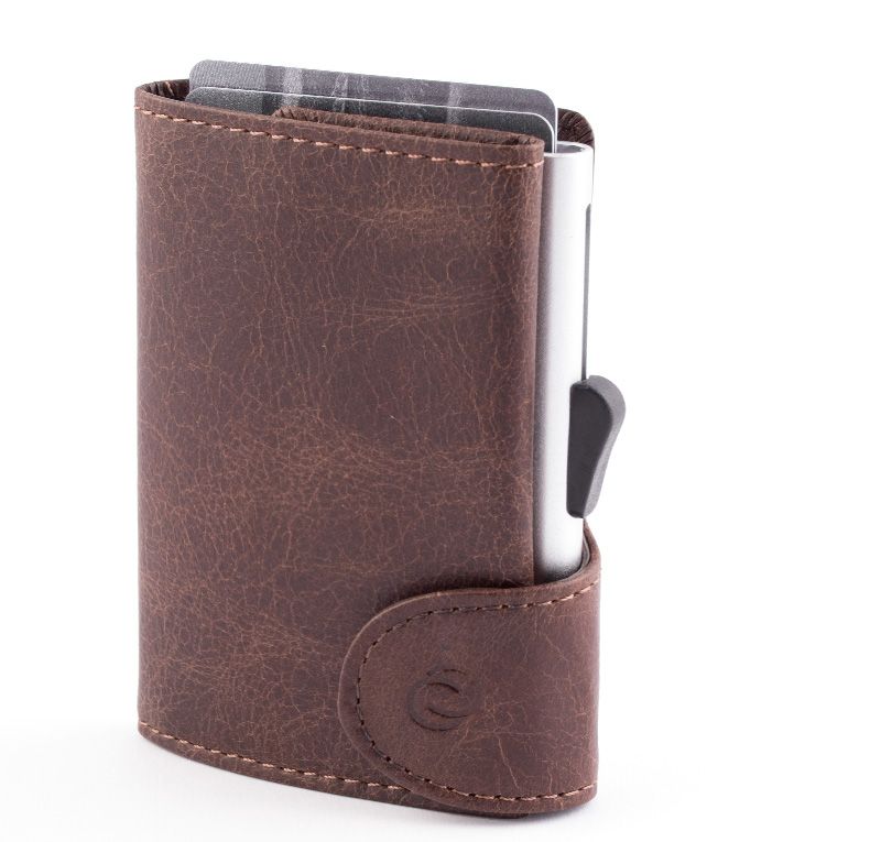 Porte-Cartes RFID cuir Vintage Buffalo Brun Foncé / Boîtier Argent 