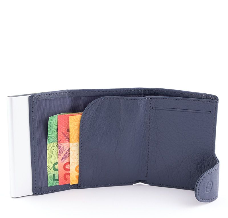 Porte-Cartes RFID Cuir Bleu Marine / Boîtier Argent 