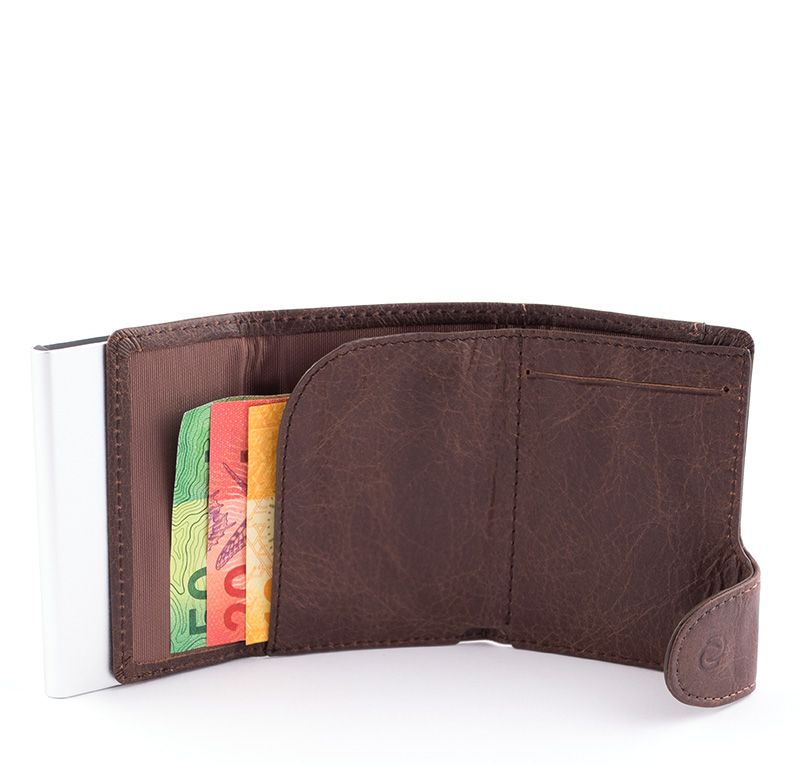 Porte-Cartes RFID cuir Vintage Buffalo Brun Foncé / Boîtier Argent 
