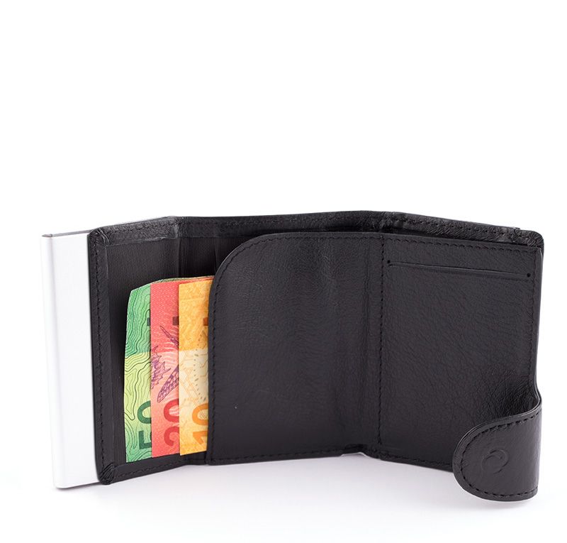 Porte-monnaie et cartes RFID en cuir Black Nero / Boîtier Gris 