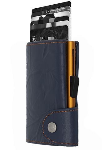 Porte-Cartes RFID Cuir embossé bleu marine - Boîtier Orange 