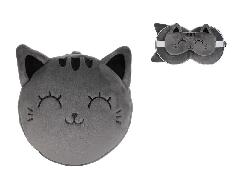 Oreiller de voyage &amp; Masque de nuit Chat Gris