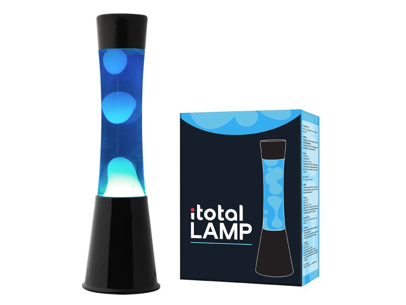 Lampe lave 40 cm Base noir, liquide bleu/cire blanche