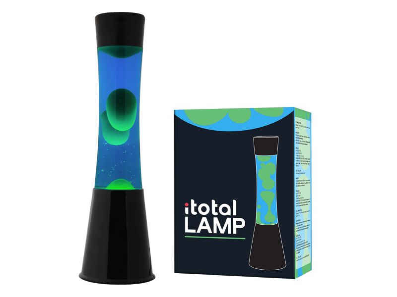 Lampe lave 40 cm Base noir, liquide bleu/cire verte