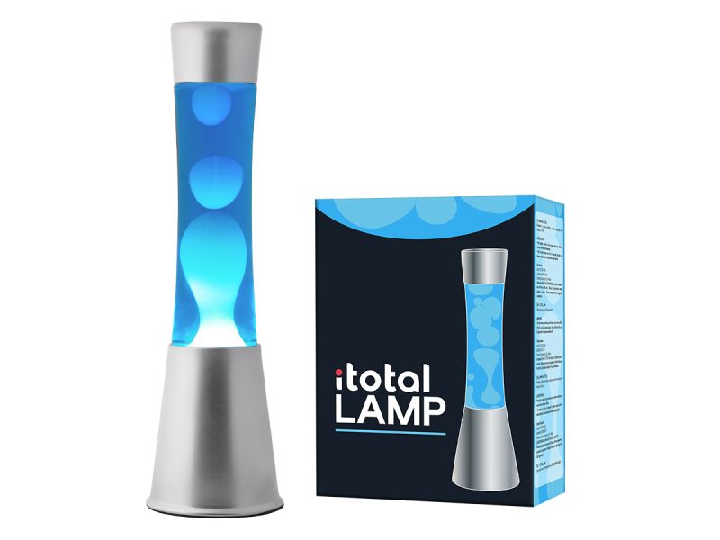 Lampe lave 40 cm, base argentée Liquide bleu/cire blanche