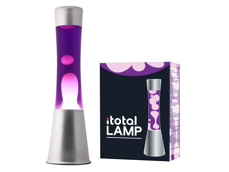 Lampe lave 40 cm Base argentée, liquide violet/cire blanche