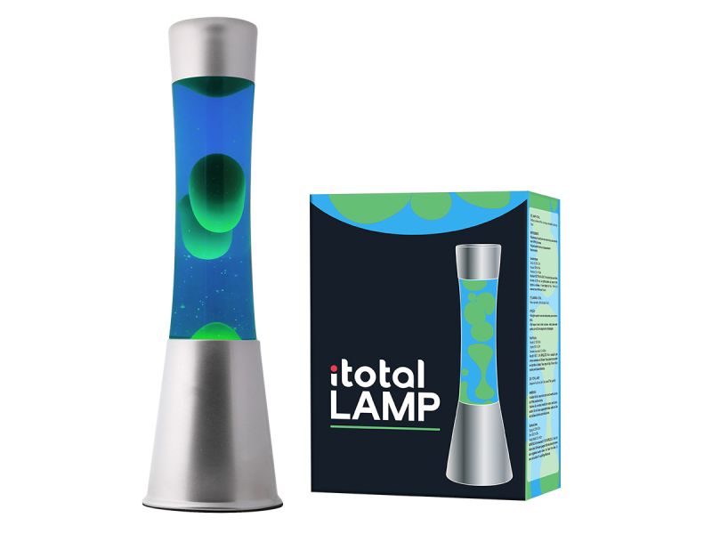 Lampe lave 40 cm Base argentée, liquide bleu/cire verte