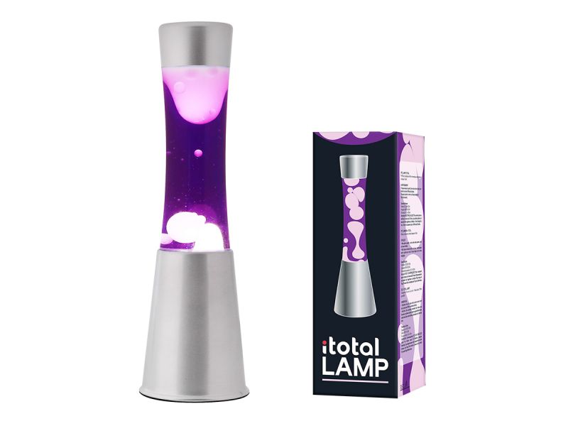 Lampe lave 30 cm Base argent, liquide violet/cire blanche
