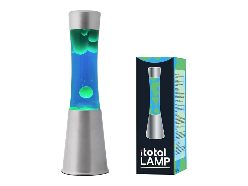 Lampe lave 30 cm base argent Liquide bleu/cire verte