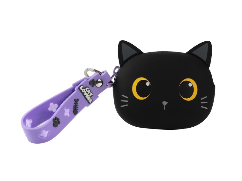 Porte-clés avec porte-monnaie en silicone Chat noir 