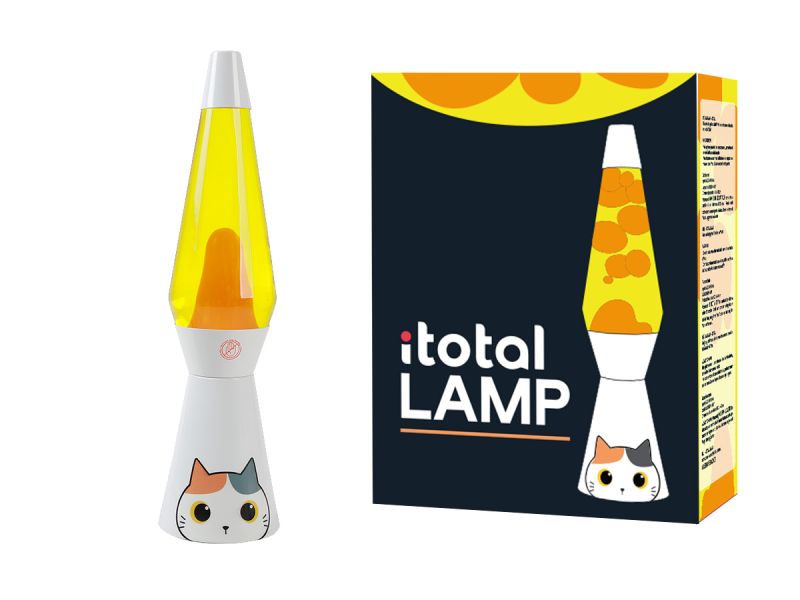 Lampe lave base blanche liquide jaune chat blanc &amp; orange