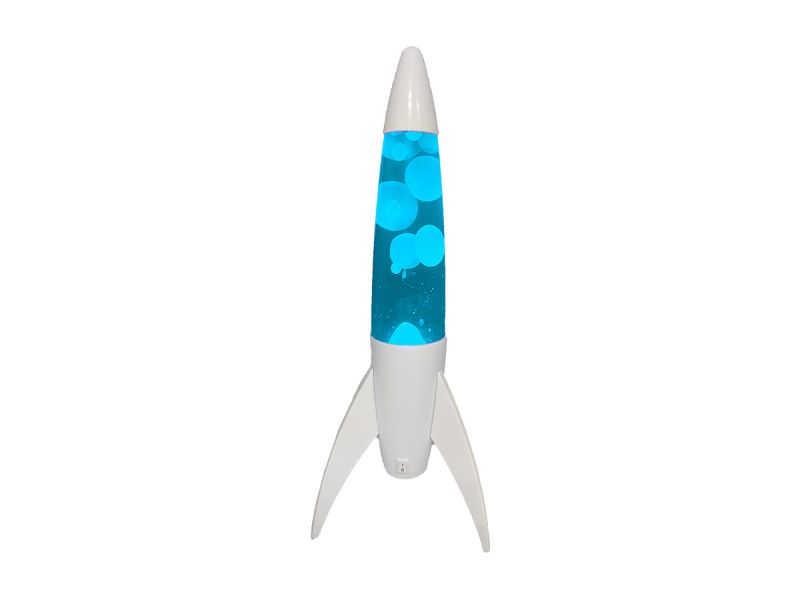 Rocket Lampe Lave Base blanche, liquide bleu, cire blanche