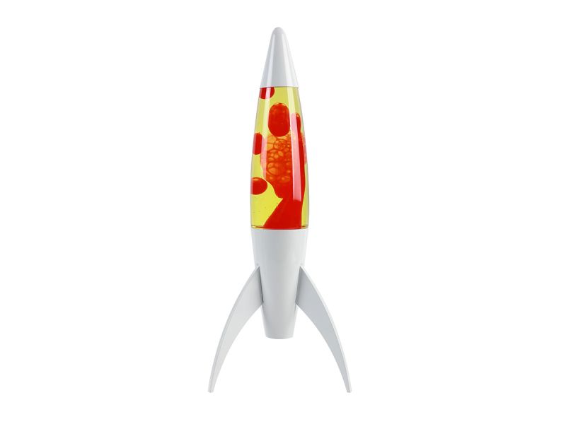 Rocket Lampe Lave Base blanche, liquide jaune, cire rouge