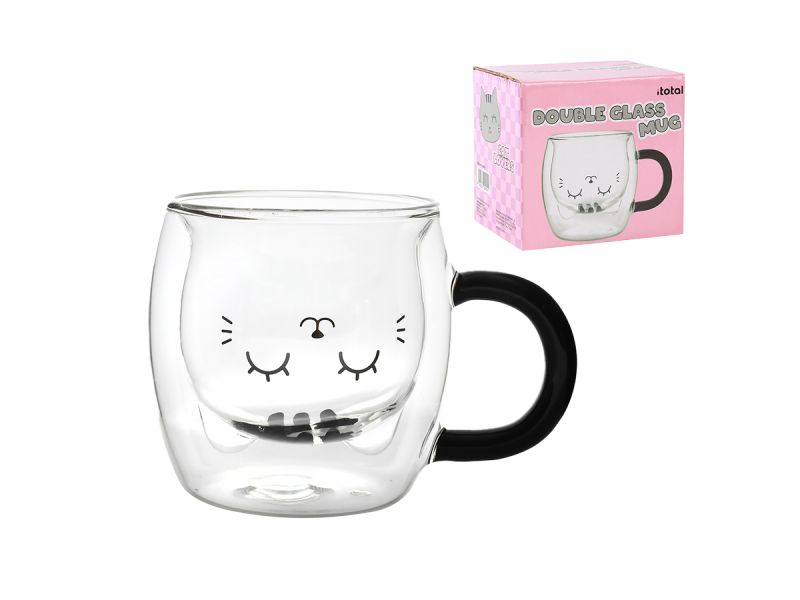Tasse en verre tranparant double paroi Chat Gris