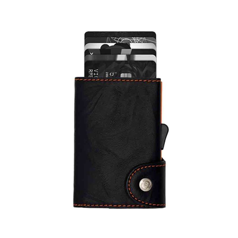 Porte-Cartes RFID Cuir Embossé Black Néro - Couture orange / Boîtier Orange 