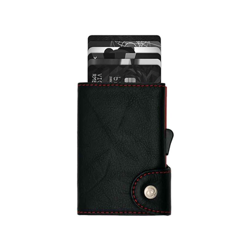 Porte-cartes RFID Cuir Embossé Black Néro couture Rouge 
