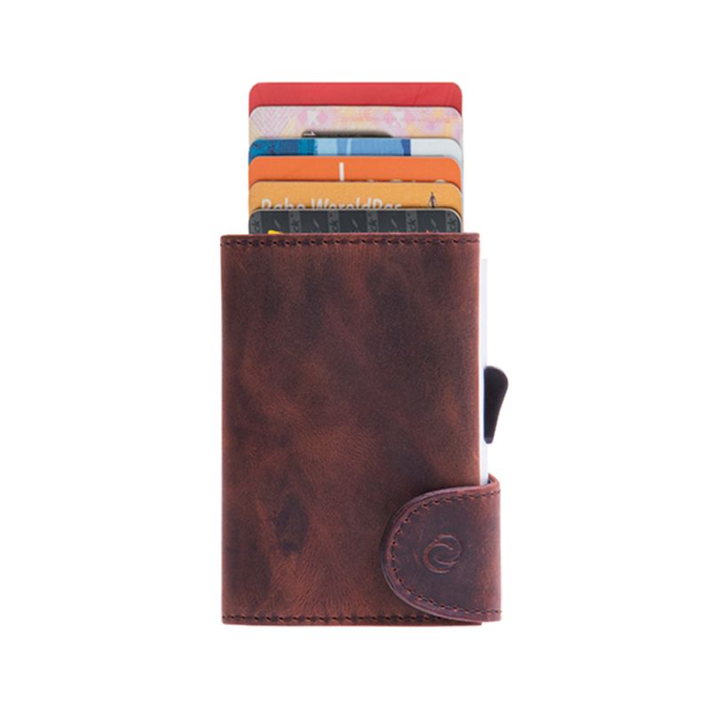 Porte-Cartes RFID cuir Vintage Buffalo Brun Foncé / Boîtier Argent 