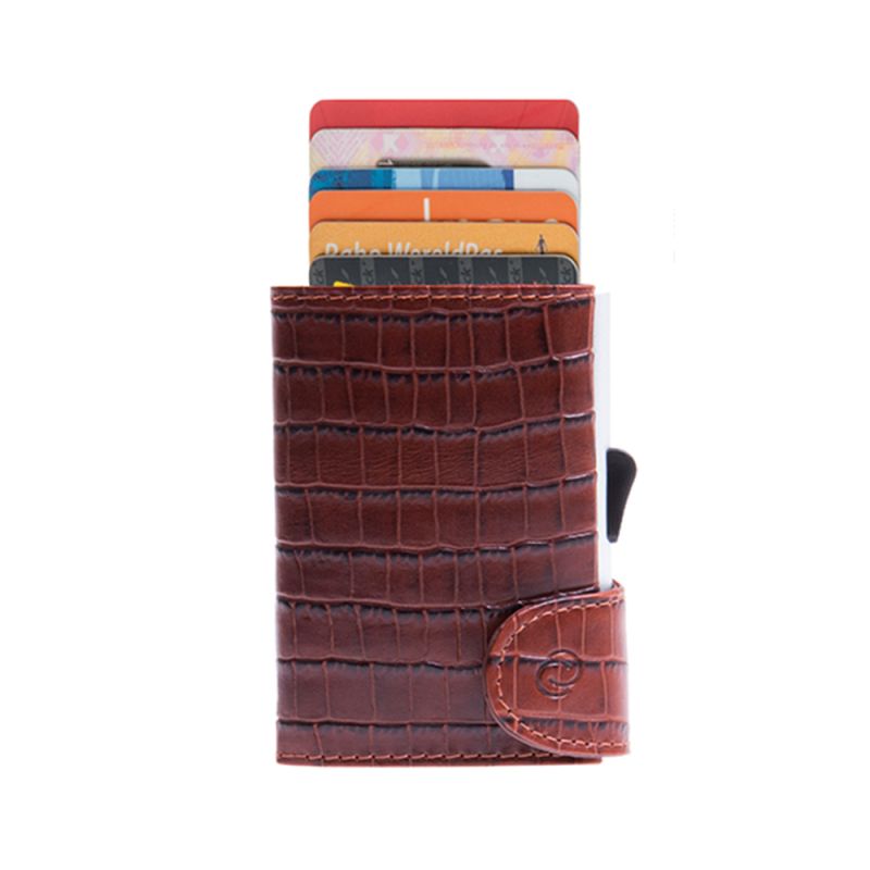 Porte-Cartes RFID Cuir Croco Brun / Boîtier Argent 