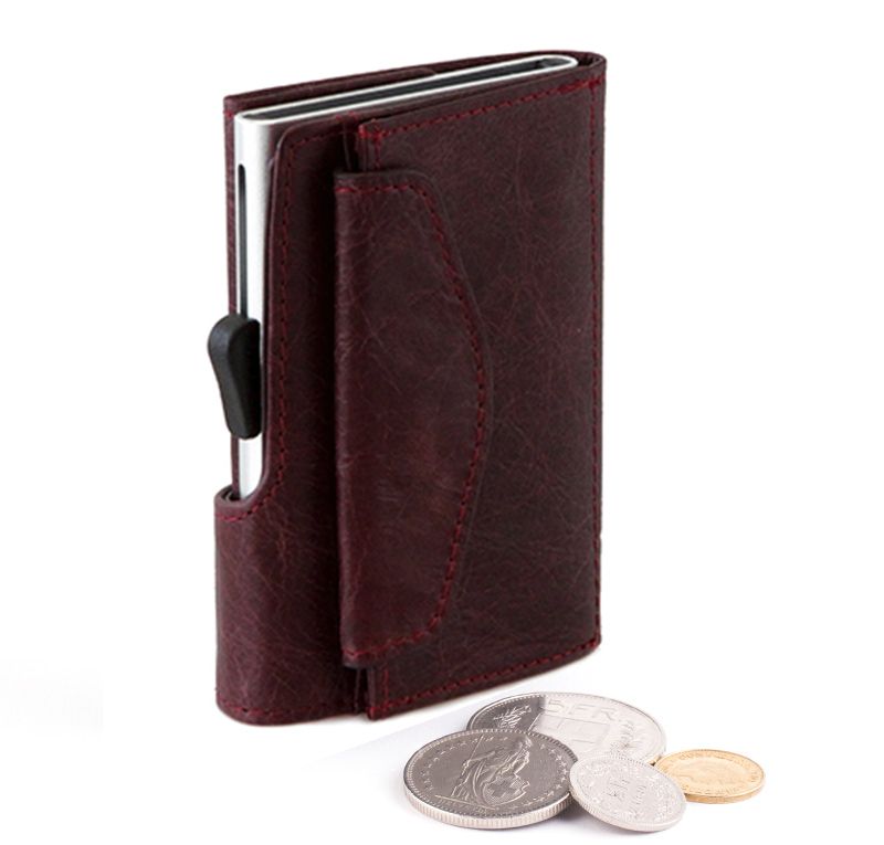Porte-monnaie et cartes RFID en cuir Vintage Bordeaux / Boîtier Argent 