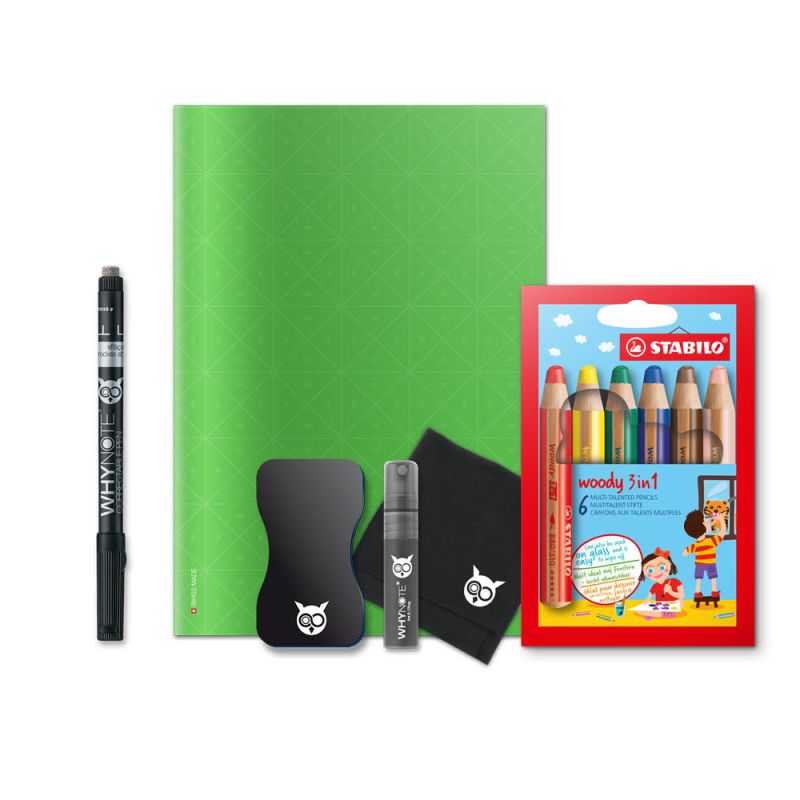 Cahier effaçable A5 & Crayons Woody Vert