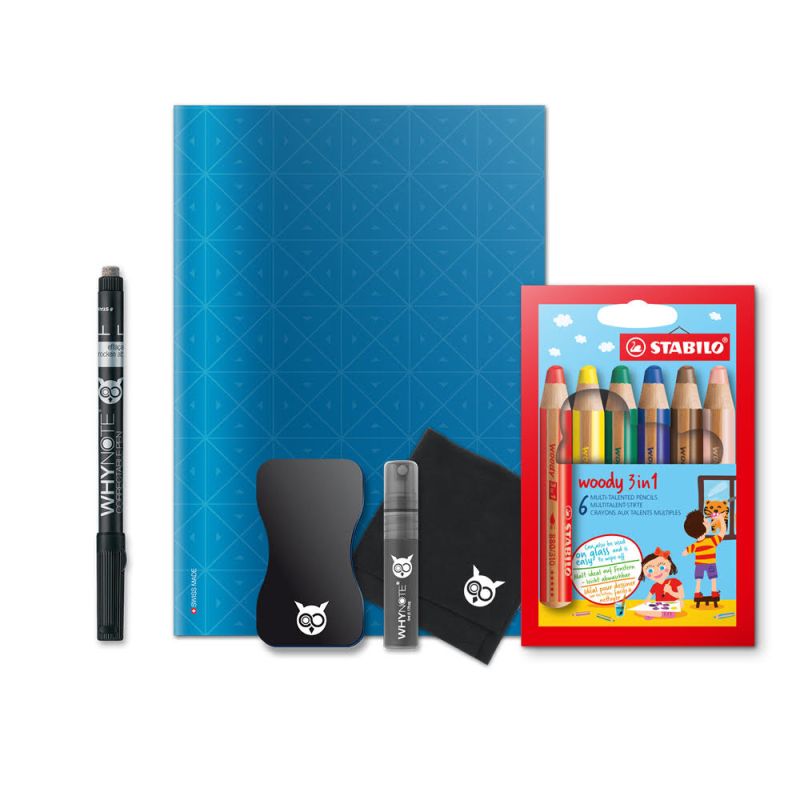 Cahier effaçable A5 & Crayons Woody Bleu